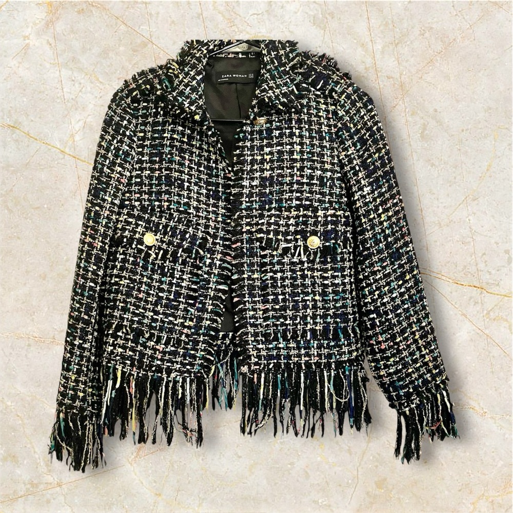Zara Black and White Tweed Fringe Blazer